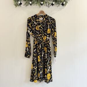 nanette lepore New Black Yellow Floral Midi Dress Long Sleeve Sz 2 D9015